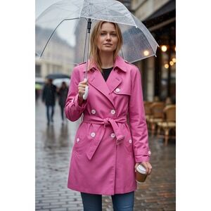 Lauren Ralph Lauren Pink Trench Coat Women's M Belted Double Breasted Polka Dot